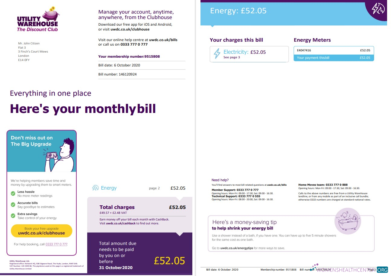United Kingdom Utility Warehouse electricity utility bill template in Word and PDF format (6 pages) 1 2